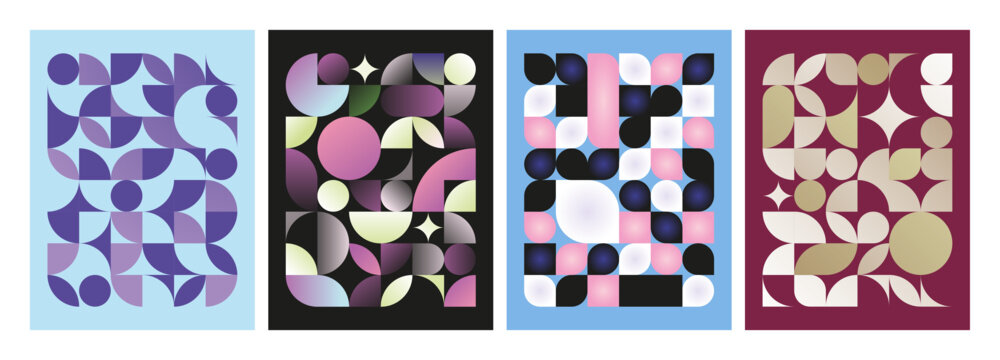 Set of colorful abstract geometric backgrounds with simple shapes. Trendy patterns in Bauhaus aesthetic. Vector illustrations.