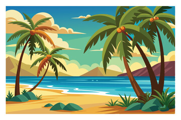 Obraz premium Seaside Paradise: Vivid depiction of a beach scene with palm trees and the calm sea, perfect for travel and relaxation