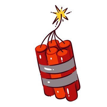 TNT cartoon dynamite bunch. Red sticks with fire on fuse to detonate for Western American train sabotage by robber and bandit. Wild west mascot, explosive dynamite cartoon vector illustration