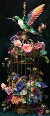 Hummingbird atop floral birdcage sculpture