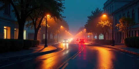Fototapeta premium Nocturnal Cityscape Misty Night Street Scene with Glowing Streetlights and Passing Vehicles
