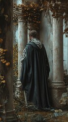 Naklejka premium Man in dark cloak stands before weathered stone columns silently.