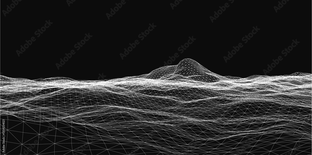 Poster a black and white image of a wave with a mountain in the background. the image is a representation o