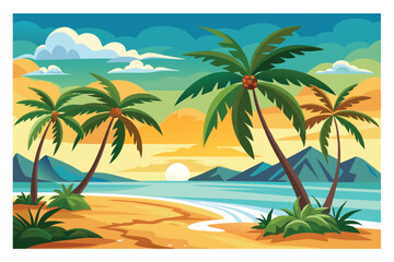 Obraz premium Paradise Palms: Capture the essence of a tropical paradise with a vibrant illustration featuring palm trees swaying gently on a sandy beach, under the warm glow of the setting sun.