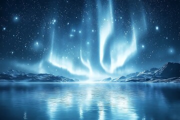 Naklejka premium Serene Arctic Landscape Aurora Borealis Illuminates Frozen Lake and Mountains.