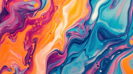 Obraz premium Liquid Colors: A mesmerizing close-up of a colorful abstract, swirling and blending vivid shades creating a dynamic, fluid composition.