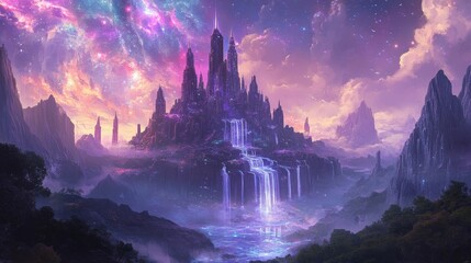 Majestic fantasy castle waterfall landscape under a vibrant celestial sky.