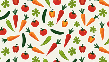 Vector illustration of colorful vegetables pattern including carrots, tomatoes, peppers, and cucumbers
