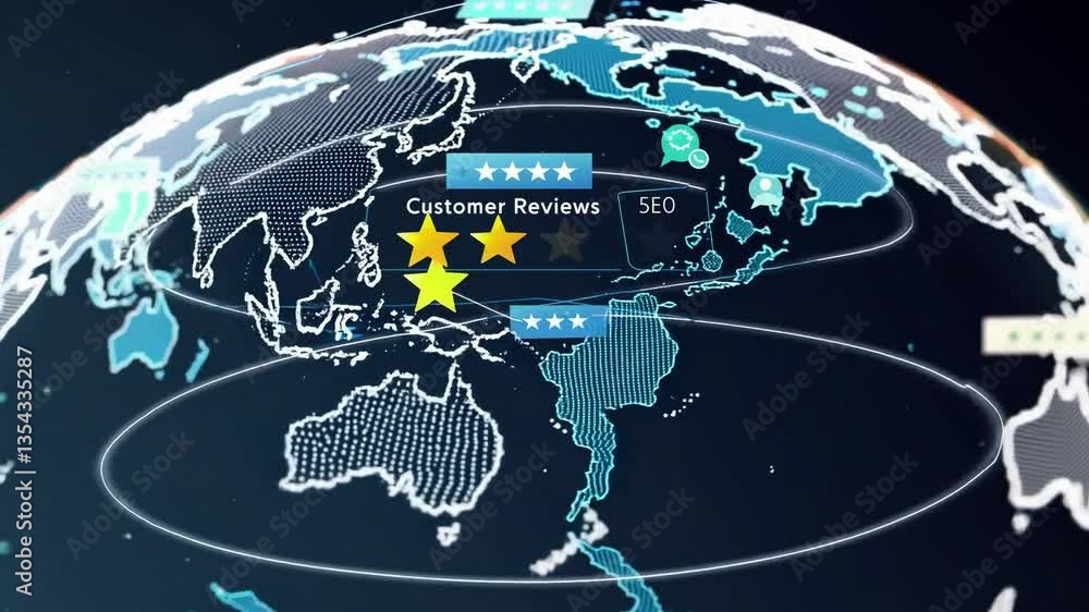 Poster global digital reviews representation with interactive star ratings on a geographical map visualizat