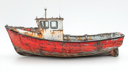 Obraz premium Weathered red fishing boat resting on a plain background, showcasing its rustic charm