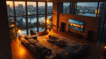 A family relaxes during movie night as an AI robot adjusts lights and TV, with a smart speaker showing entertainment options on the wall.