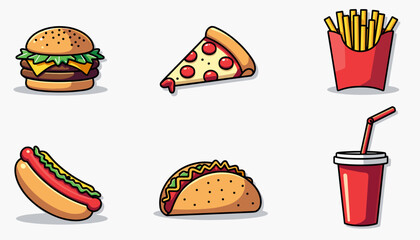 Vector illustration of fast food items including burger, pizza, fries, hot dog, taco, and drink
