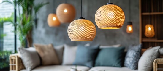 Woven pendant lights illuminate modern living room