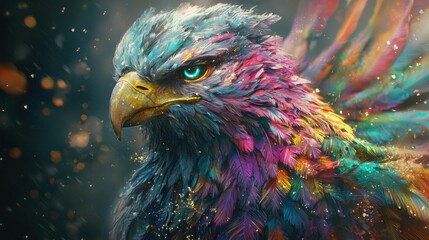 Obraz premium Colorful majestic bird portrait with vibrant feathers and glistening background showcasing beauty and strength, ideal for wildlife and nature themes