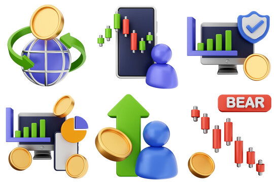 3d trading money transaction finance currency icon set bundle illustration