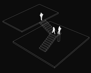 Fototapeta premium A black and white drawing of three people on a staircase. The staircase is divided into two sections, with the top section being a mirror image of the bottom section