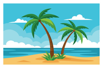 Obraz premium Paradise Palms: Capturing the idyllic tranquility of a tropical scene, two palm trees sway gently against a backdrop of azure sea and sky, a true escape to paradise.