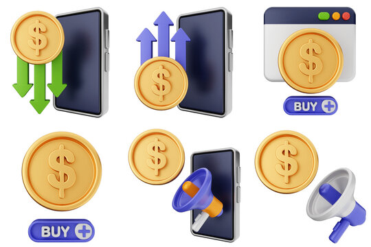 3d trading money transaction finance currency icon set bundle illustration