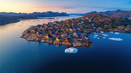 Fototapeta premium Arctic village sunset aerial, icebergs, Greenland travel