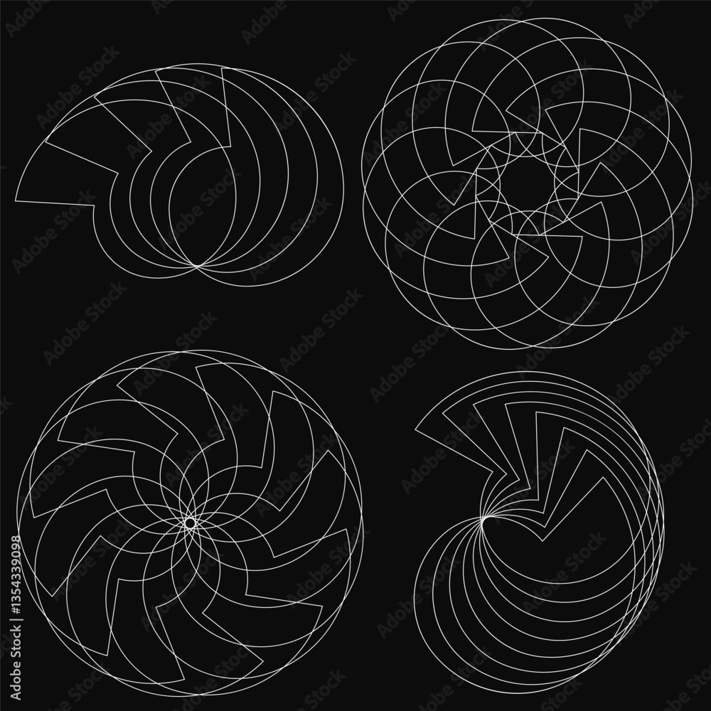 Poster four different abstract shapes are drawn in black. the shapes are all different sizes and have diffe