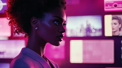A stylish woman with dark curly hair gazes towards the bright pink illuminated display screens. - Powered by Adobe