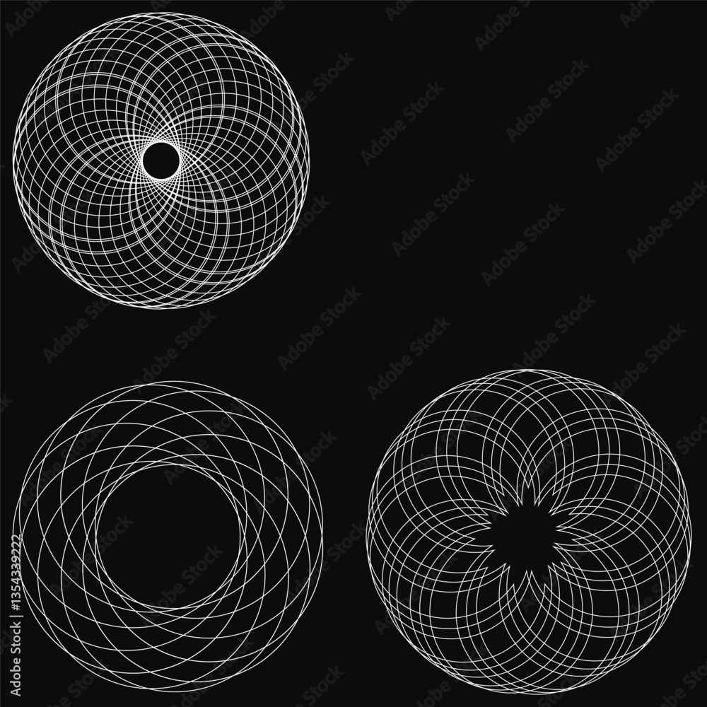 Poster three different drawings of circles with varying sizes and shapes. the circles are all white and app