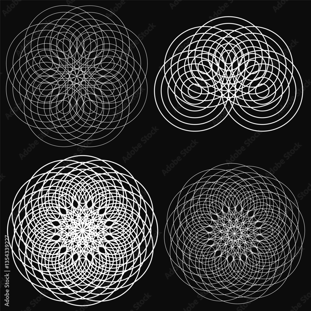 Poster four different abstract circles with a black background. the circles are all different sizes and sha