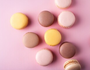 macarons on pastel pink background top view flat lay