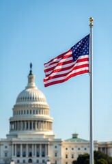 American flag waving in front of the u.s. capitol building, symbolizing patriotism and democracy against a clear blue sky.