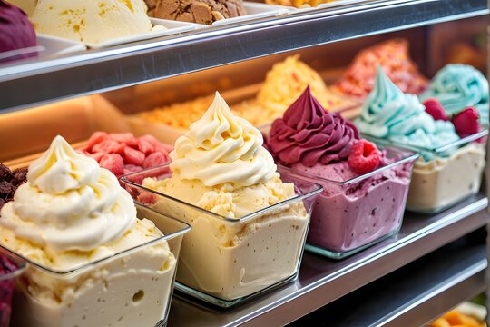 Premium creamy gelato flavors are displayed in a dessert case at a dessert buffet with copy space