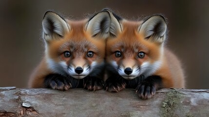 Fototapeta premium Two adorable baby foxes gazing