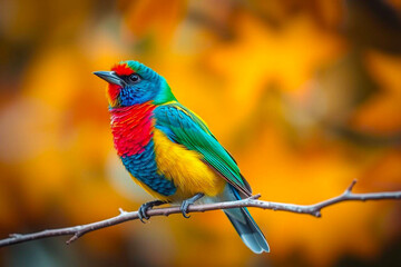 Obraz premium Colorful Songbird with Distinct Markings Perched on a Branch, Showcasing Its Vibrant Plumage in a Serene Natural Setting, Vibrant Wallpaper
