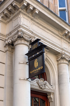 LONDON, UK - MARCH 19, 2025:  Sign outside Goyard shop in Mount Street, Mayfair
