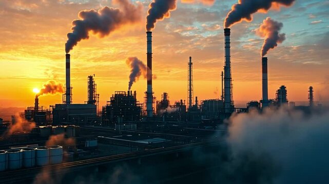 Industrial Landscape at Sunset: A stark industrial complex, silhouetted against a fiery sunset, belches plumes of smoke, a visual commentary on environmental impact.