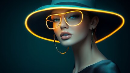 Portrait of female fashion model wearing futuristic hat and glasses glowing neon on dark studio