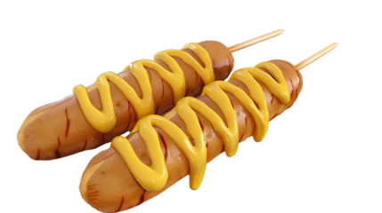 Golden Glazed Delight: Two savory corndogs, each generously drizzled with vibrant yellow mustard, stand ready on sticks, promising a delightful culinary experience.