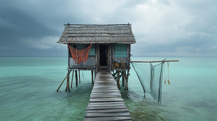 charming Thai fisherman hut on stilts over turquoise water