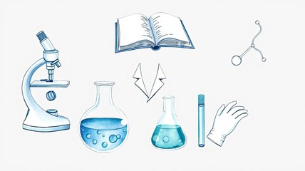 Obraz premium Science Lab Equipment Microscope Flasks Book Gloves Test Tube