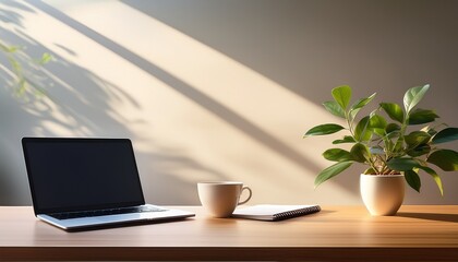 Fototapeta premium Modern Home Office Workspace with Laptop, Coffee, and Natural Light