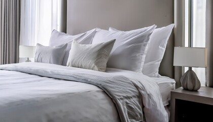 close up on minimalistic hotel bedding clean white pillows duvet blankets bedsheets neatly placed on a bed linen