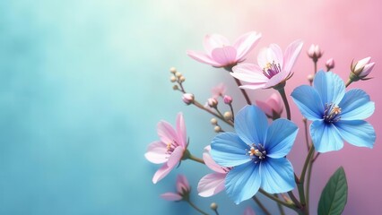 Fototapeta premium Pastel blossoms on a soft background, delicate petals in shades of pink and blue, a tranquil floral arrangement, perfect for springtime greetings or peaceful imagery.