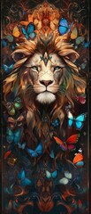 Obraz premium Majestic lion encircled by vibrant fluttering butterflies.