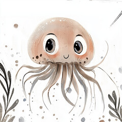Cute jellyfish character illustration in soft watercolor style with beige and pink tones, smiling sea animal art for kids’ prints and ocean-themed designs