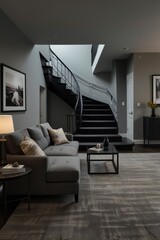 Modern living room with gray sofa, patterned rug, and dramatic black staircase