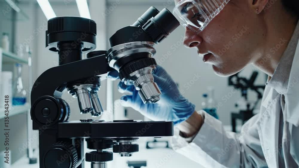 Poster close-up video of a scientist in a lab coat using a microscope, shot from a side angle, highlighting