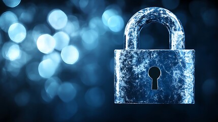 Abstract digital padlock on blue bokeh background.