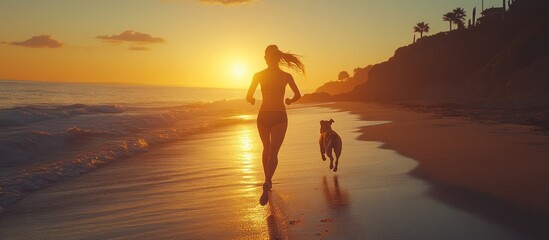 Woman, dog, sunset beach run, ocean cliff