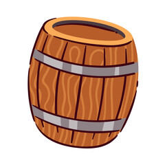 Wooden barrel for alcohol storage. Vintage brown oak cask of whiskey or bourbon, cognac, brandy. Wild west saloon, winery mascot, cartoon wood barrel of cellar vector illustration