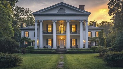 classical Greek Revival home with massive white columns at sunset