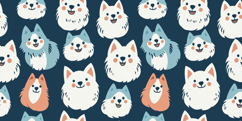 Seamless dog pattern with cute fluffy breeds like Pomeranian, Husky, and Samoyed on dark background, cartoon animal design for fabric, kids’ products, and decor